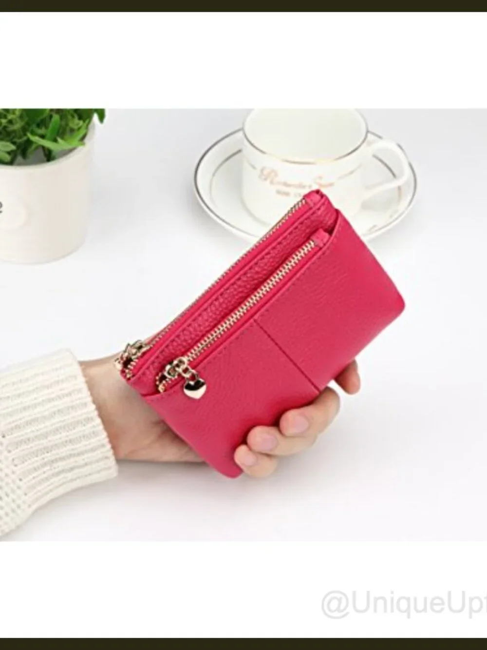 Genuine Leather Mini Coin Purse Key Ring Triple Zipper Card Holder Wallet